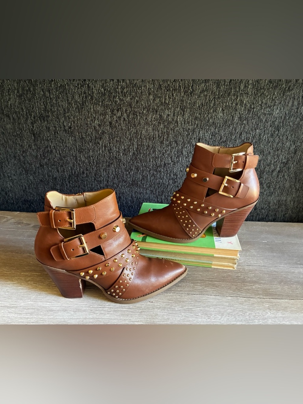 Michael Kors Women's Brown Studded Pointed Ankle Booties with Buckle Straps